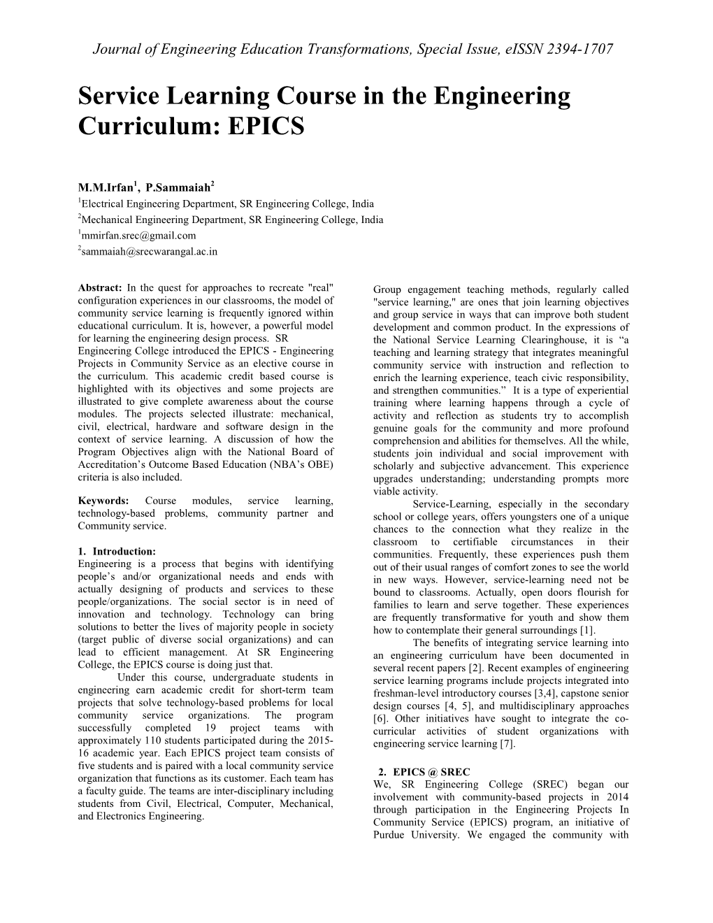 Service Learning Course in the Engineering Curriculum: EPICS