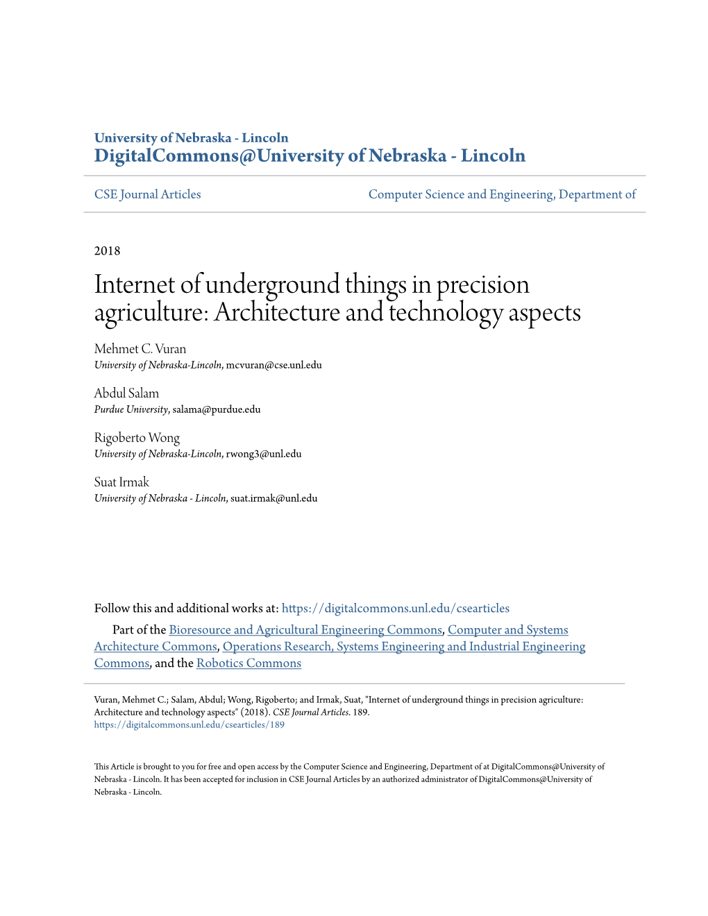 Internet of Underground Things in Precision Agriculture: Architecture and Technology Aspects Mehmet C