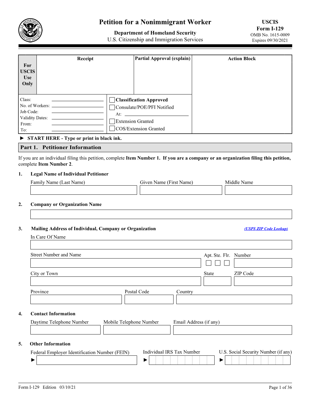 Form I-129, Petition for Nonimmigrant Worker