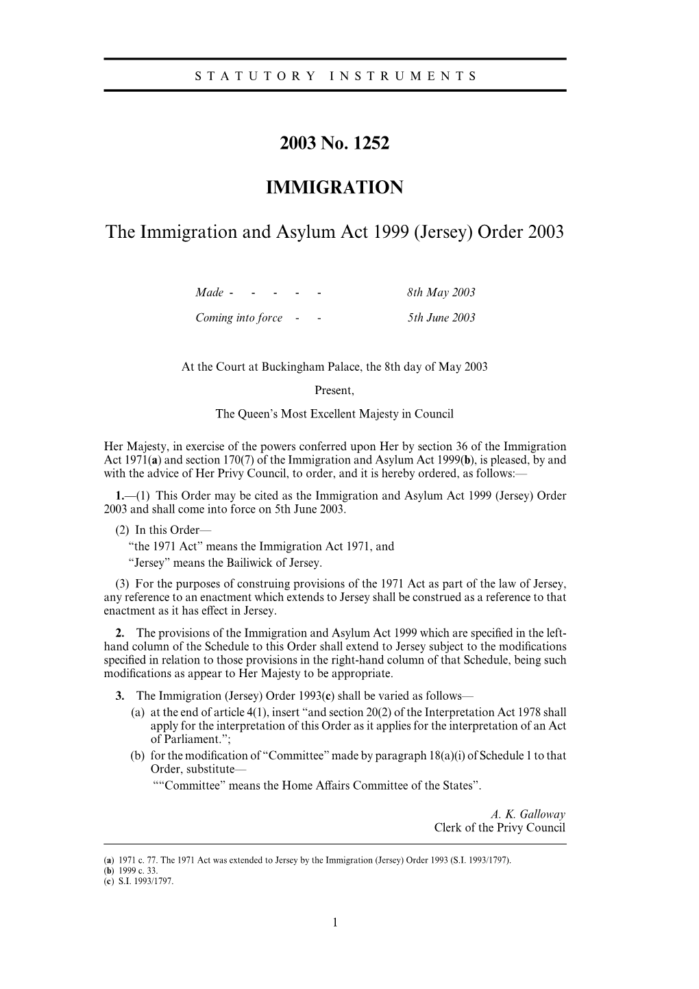 The Immigration and Asylum Act 1999 (Jersey) Order 2003