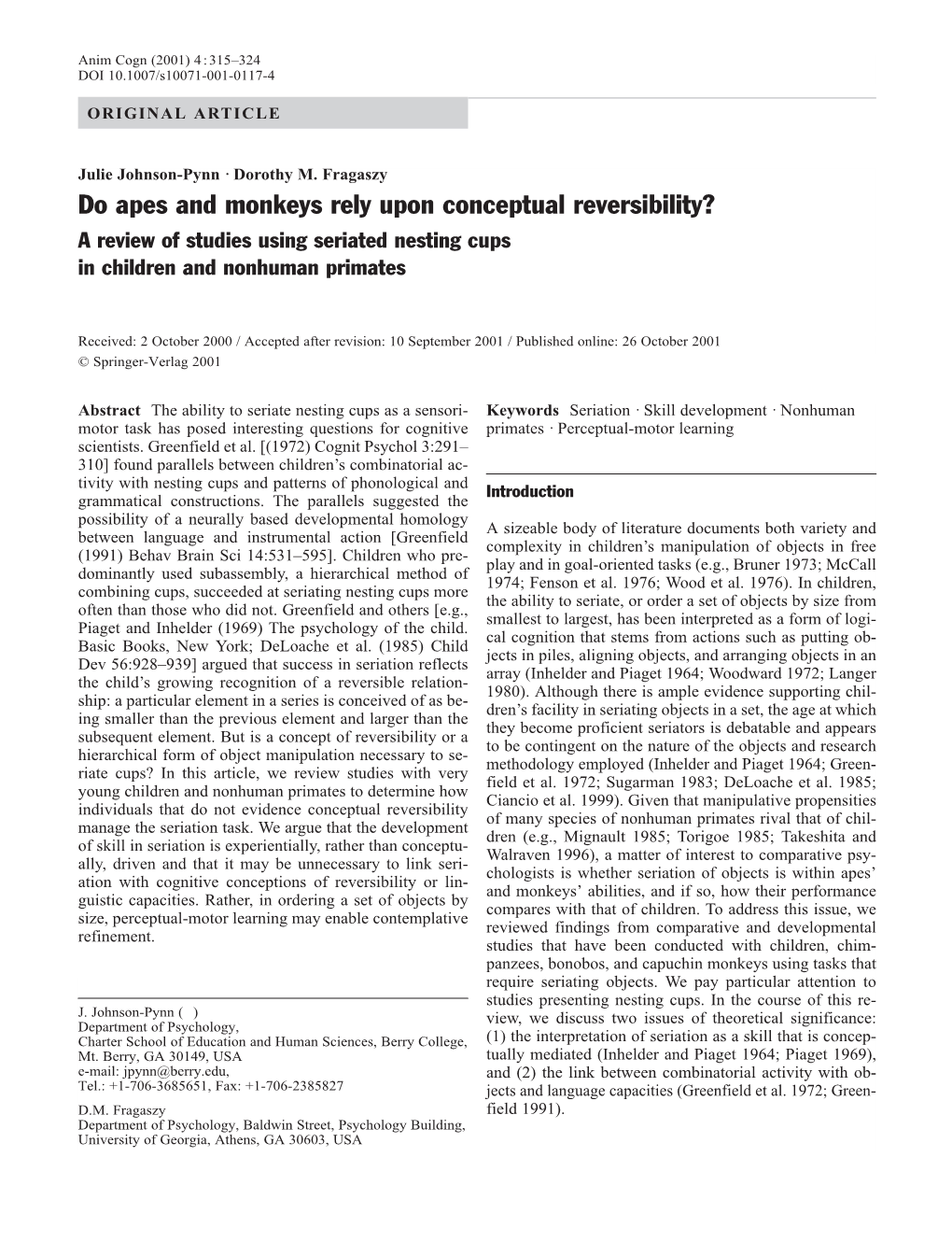 Do Apes and Monkeys Rely Upon Conceptual Reversibility? a Review of Studies Using Seriated Nesting Cups in Children and Nonhuman Primates