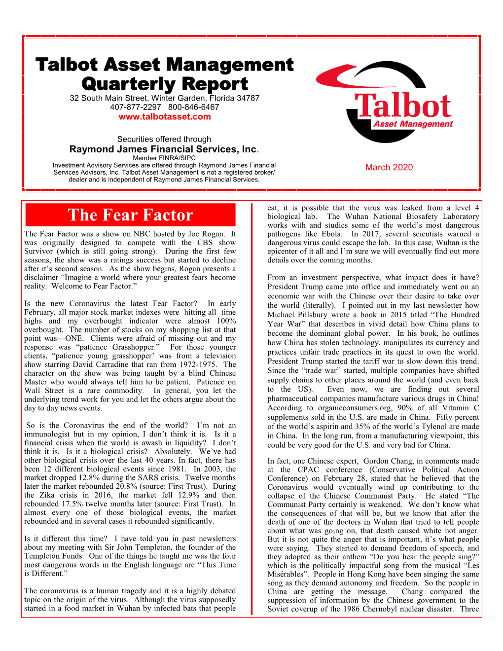 Talbot Asset Management Quarterly Report the Fear Factor