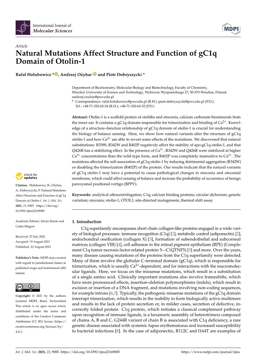 Natural Mutations Affect Structure and Function of Gc1q Domain of Otolin-1