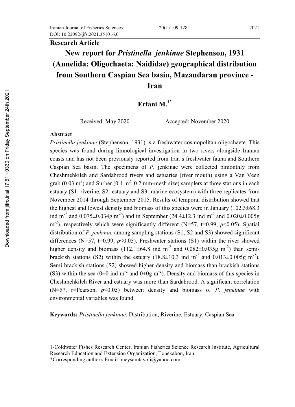 Annelida: Oligochaeta: Naididae) Geographical Distribution from Southern Caspian Sea Basin, Mazandaran Province - Iran