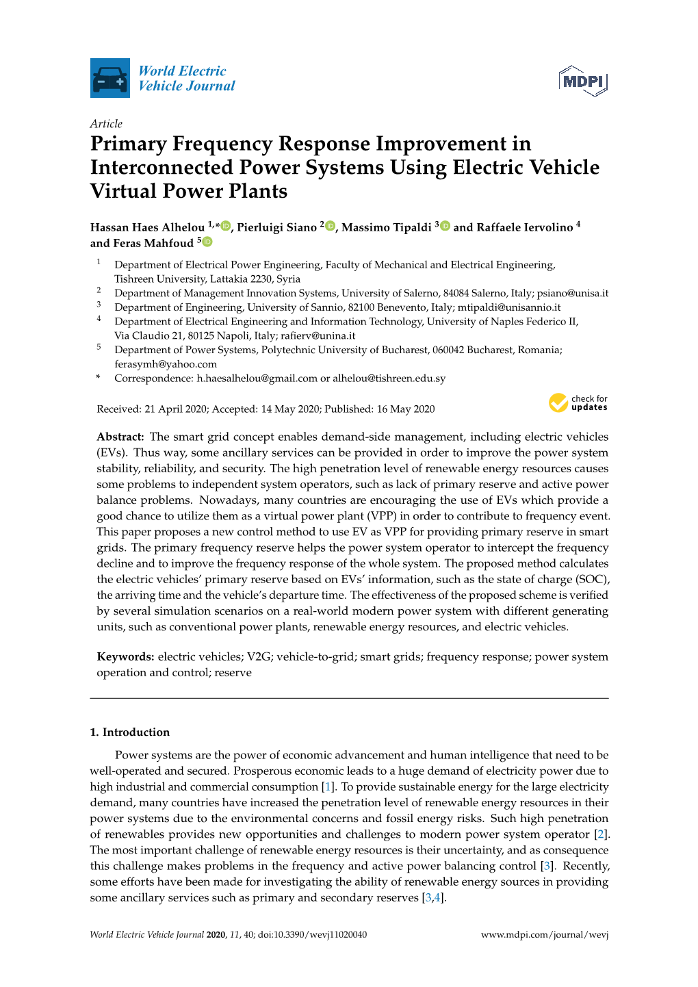 Primary Frequency Response Improvement in Interconnected Power Systems Using Electric Vehicle Virtual Power Plants