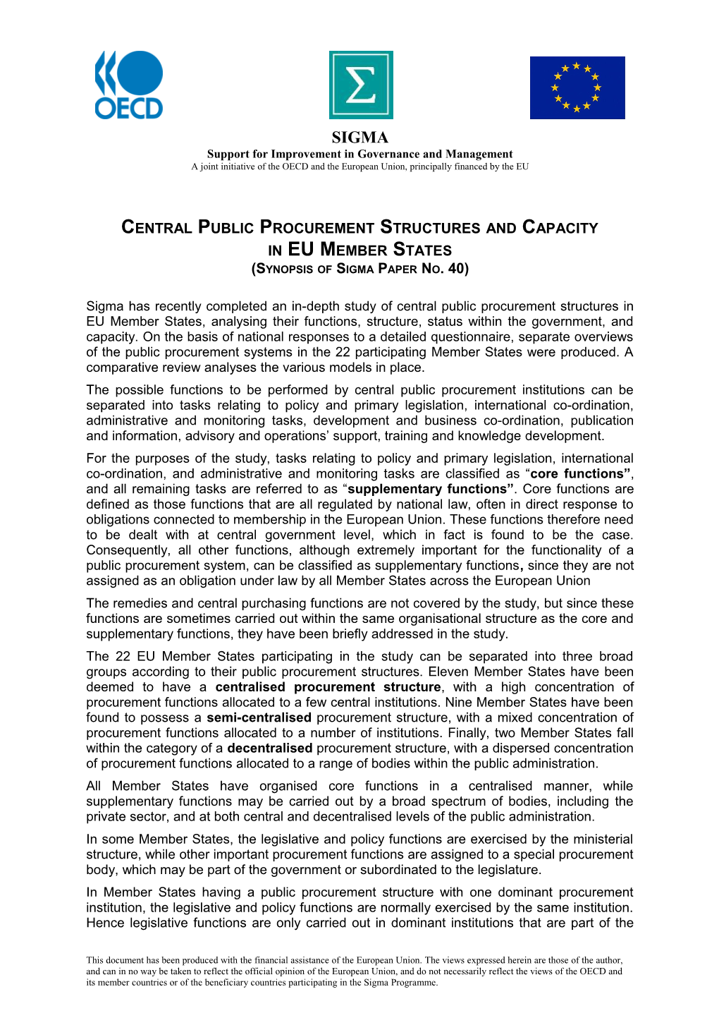 Central Public Procurement Structures and Capacity in EU Member States (Synopsis of Sigma