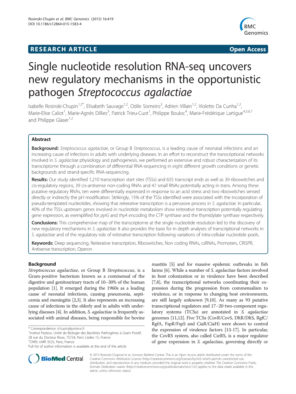 Single Nucleotide Resolution RNA-Seq Uncovers New Regulatory Mechanisms in the Opportunistic Pathogen Streptococcus Agalactiae