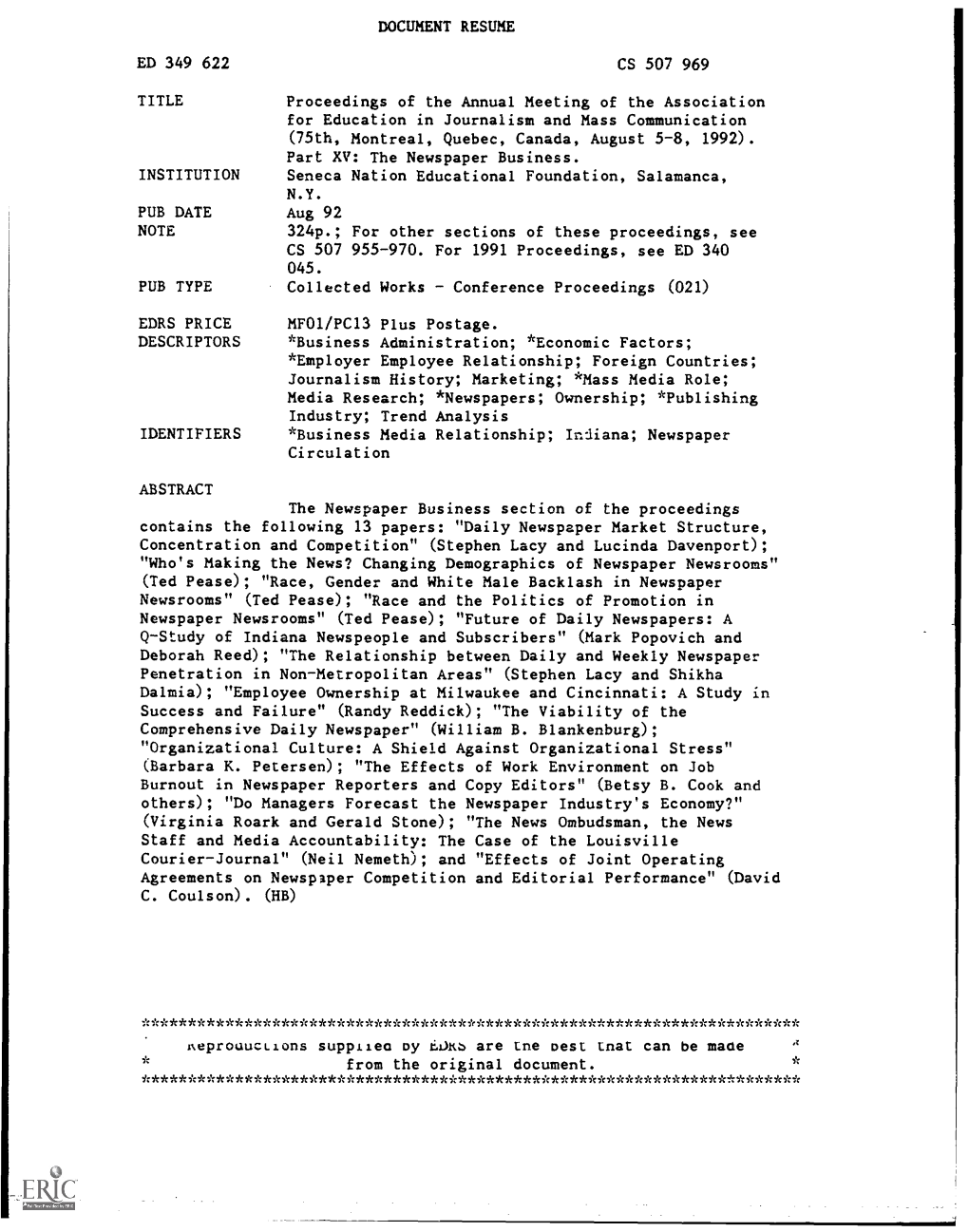 Proceedings of the Annual Meeting of the Association for Education in Journalism and Mass Communication (75Th, Montreal, Quebec, Canada, August 5-8, 1992)