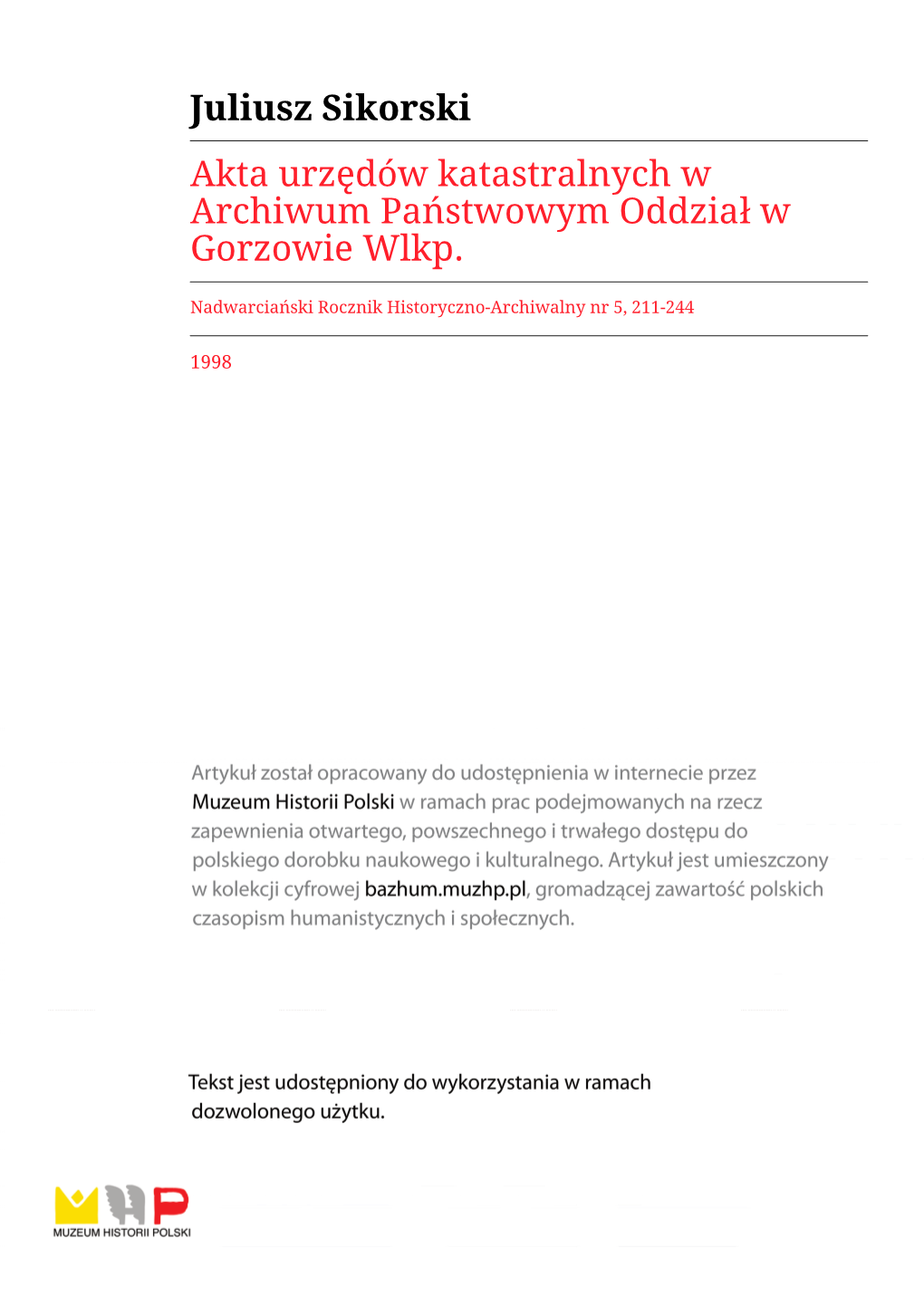 Juliusz Sikorski Akta Urzędów Katastralnych W Archiwum Państwowym Oddział W Gorzowie Wlkp