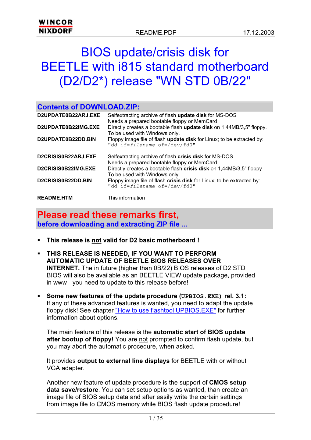 BIOS Update/Crisis Disk for BEETLE with I815 Standard Motherboard (D2/D2*) Release "WN STD 0B/22"