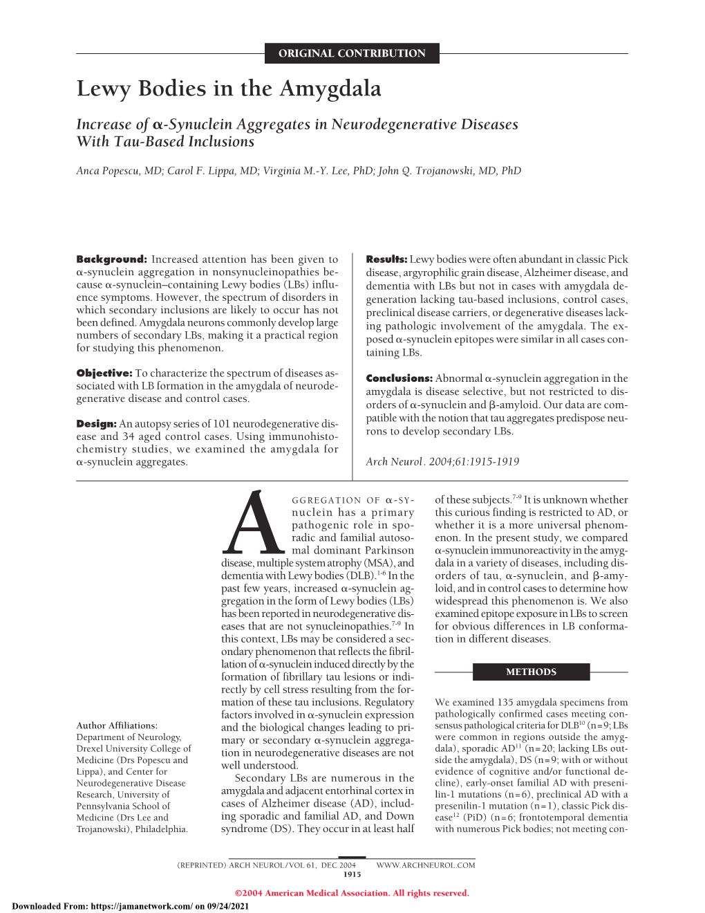 Lewy Bodies in the Amygdala Increase of ␣-Synuclein Aggregates in Neurodegenerative Diseases with Tau-Based Inclusions