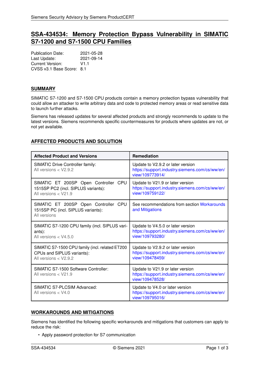 SSA-434534: Memory Protection Bypass Vulnerability in SIMATIC S7-1200 and S7-1500 CPU Families