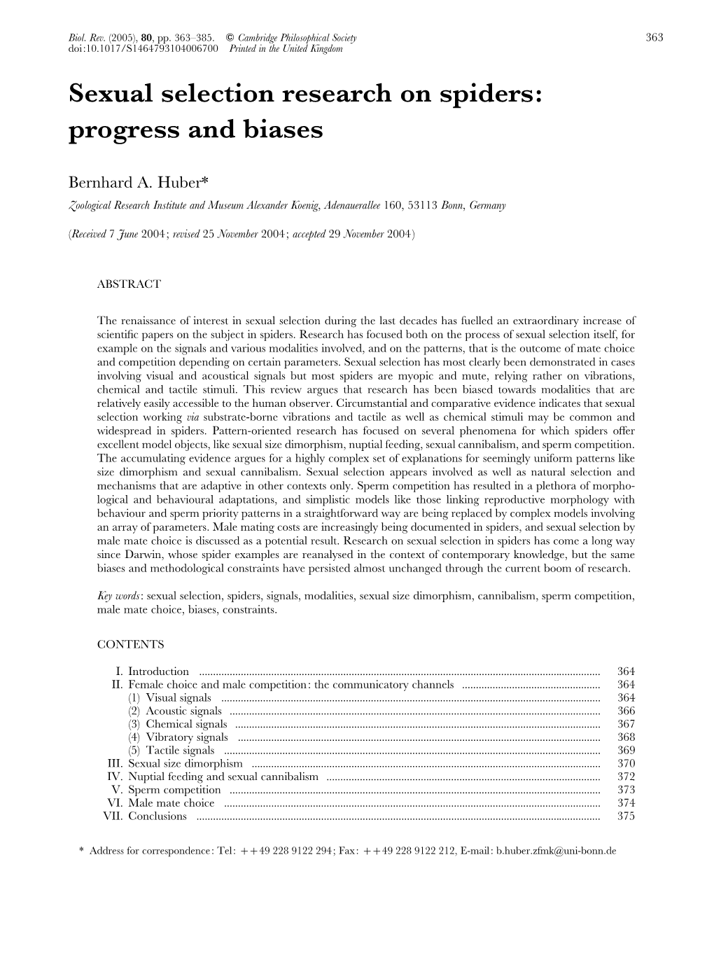 Sexual Selection Research on Spiders: Progress and Biases