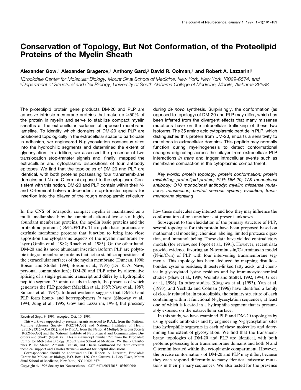 Conservation of Topology, but Not Conformation, of the Proteolipid Proteins of the Myelin Sheath