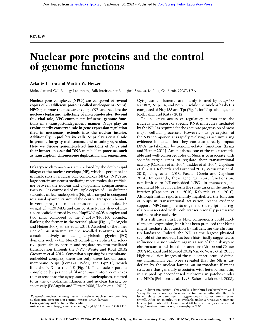 Nuclear Pore Proteins and the Control of Genome Functions