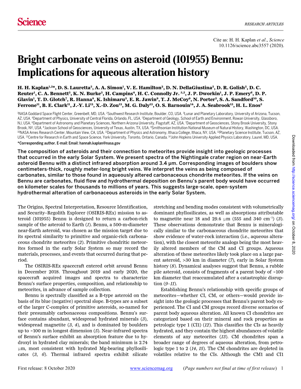 Bennu: Implications for Aqueous Alteration History