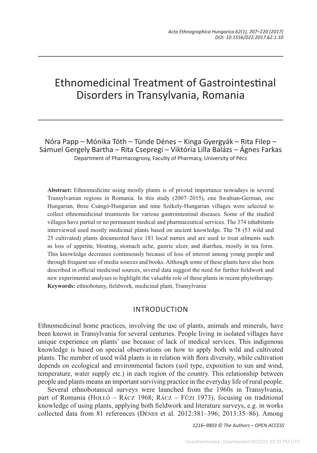 Ethnomedicinal Treatment of Gastrointestinal Disorders in Transylvania, Romania