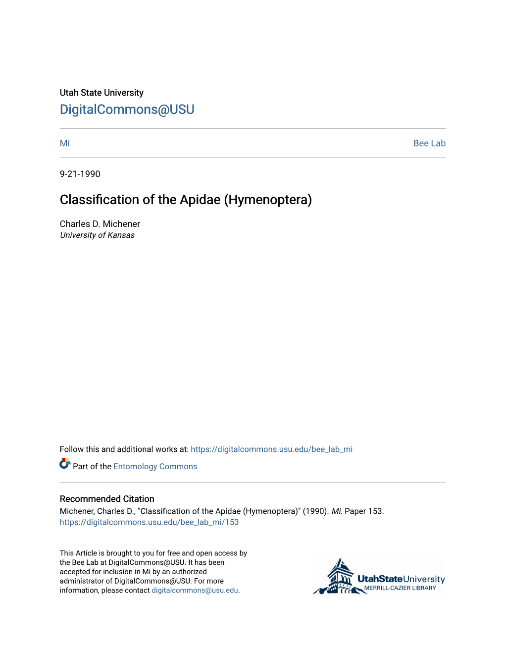 Classification of the Apidae (Hymenoptera)