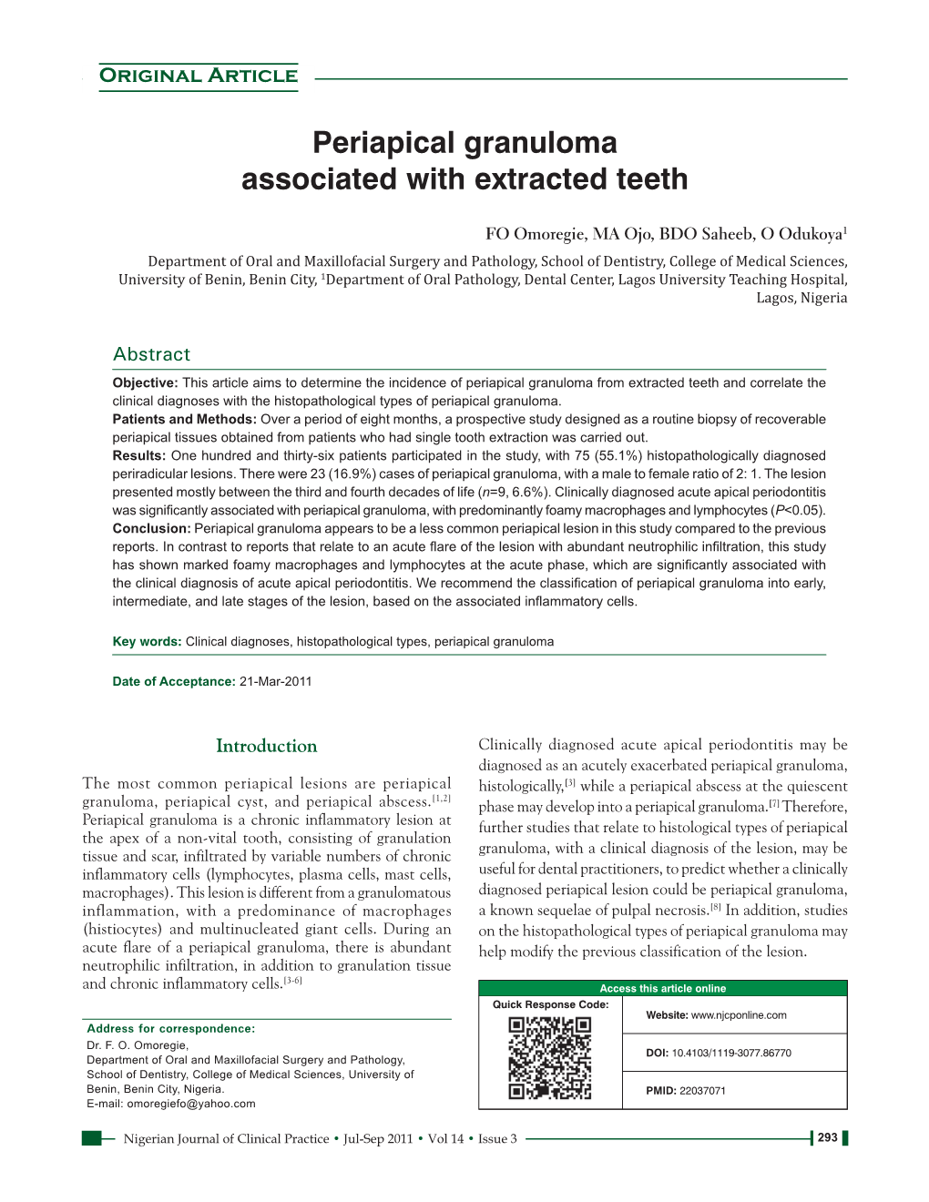 Periapical Granuloma Associated with Extracted Teeth