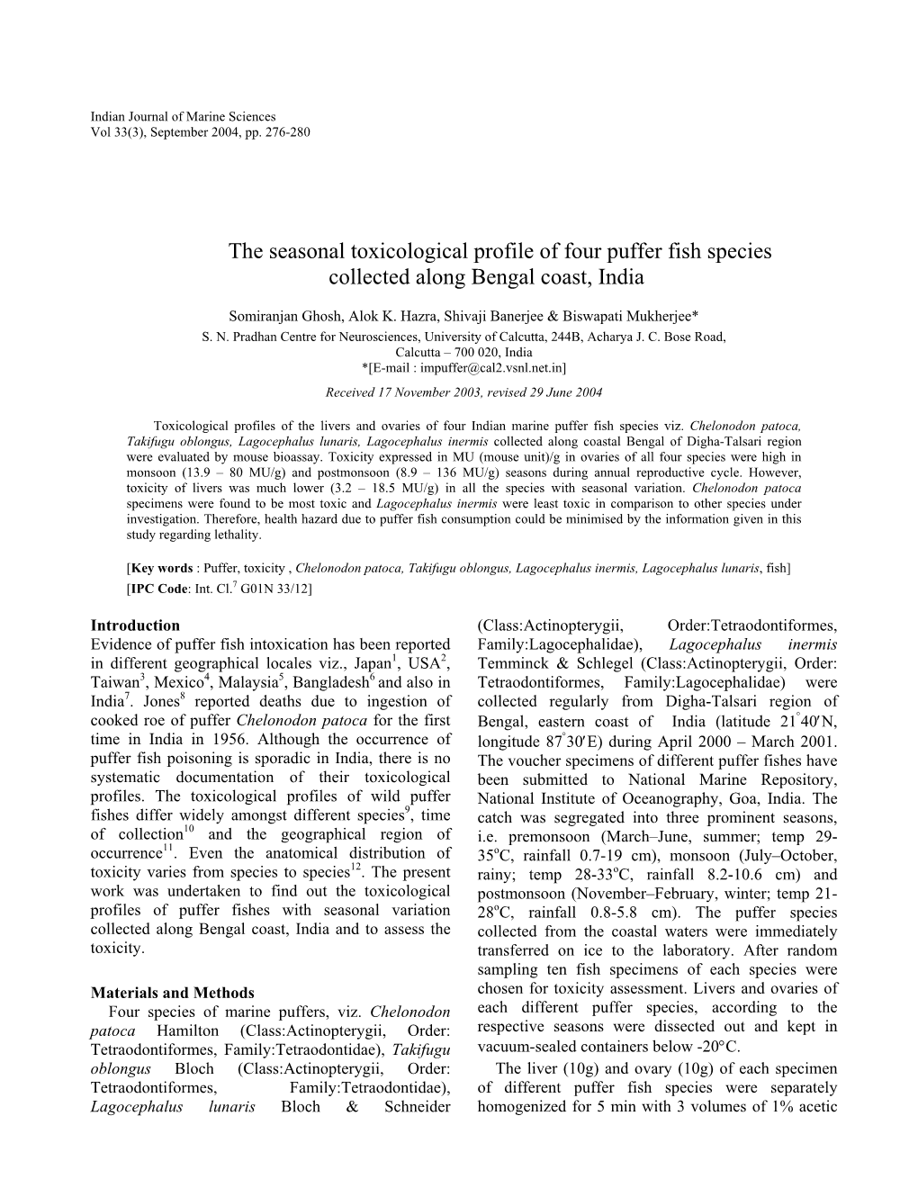 The Seasonal Toxicological Profile of Four Puffer Fish Species Collected Along Bengal Coast, India