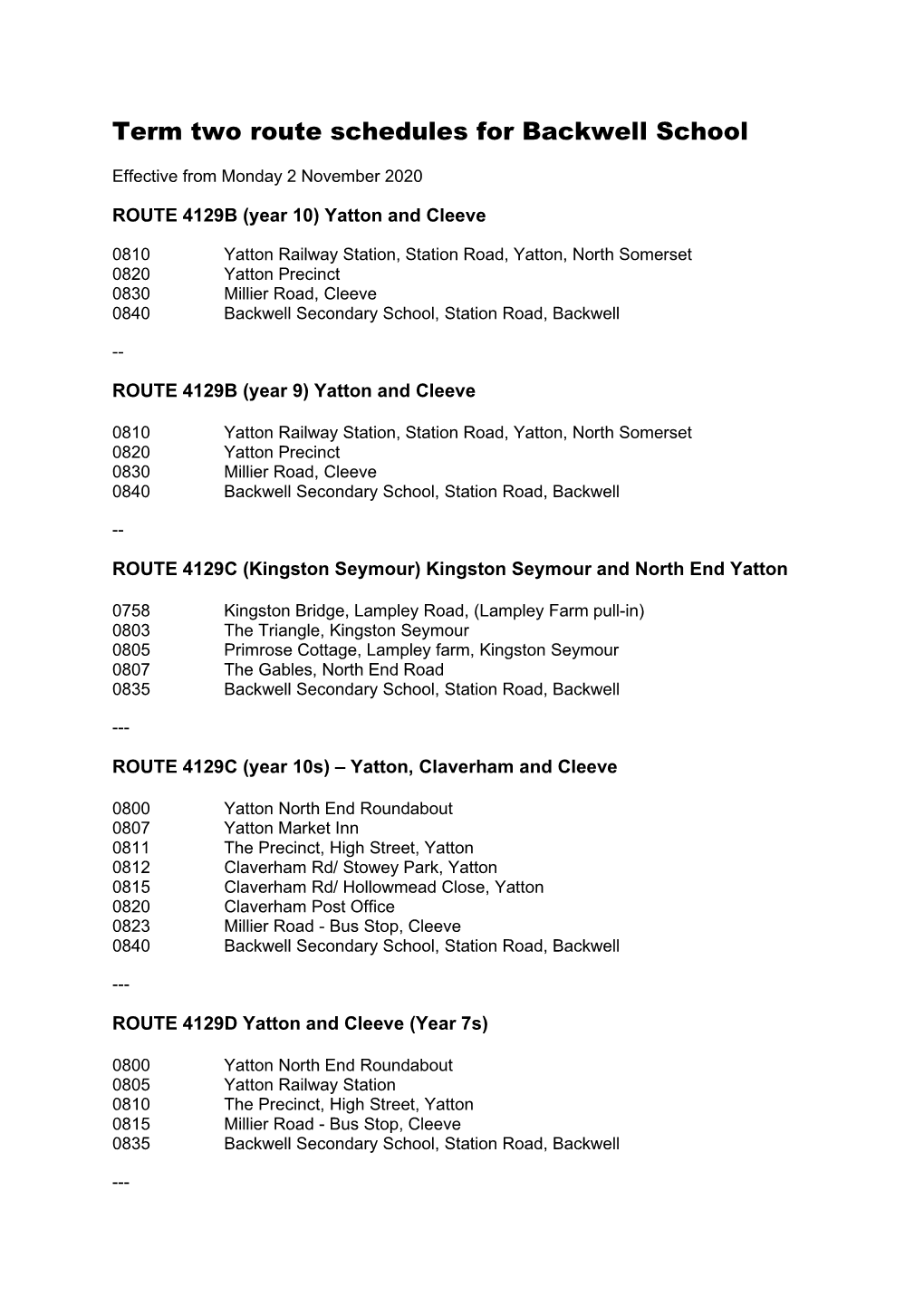 Term Two Route Timings for Backwell School Transport