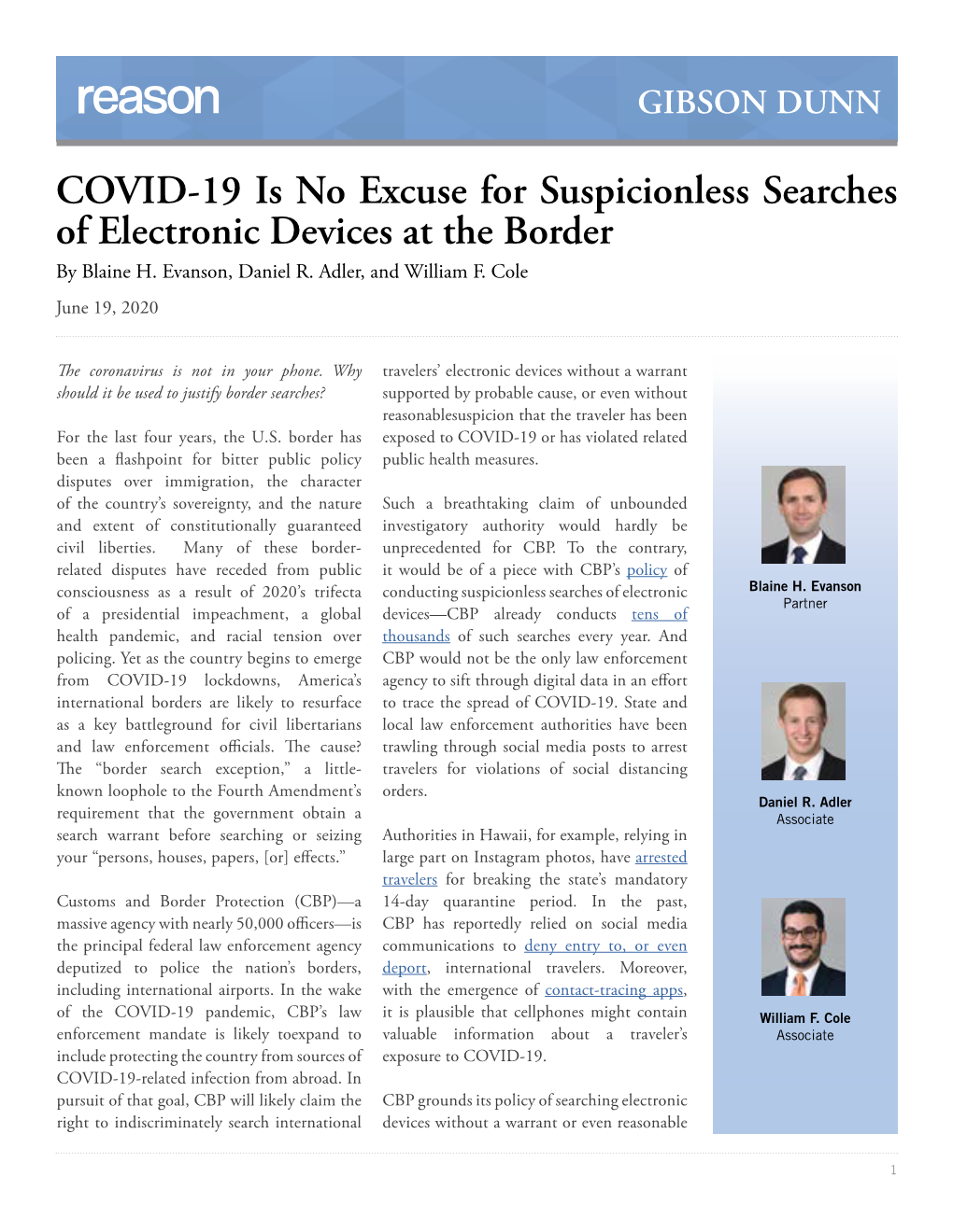 COVID-19 Is No Excuse for Suspicionless Searches of Electronic Devices at the Border by Blaine H