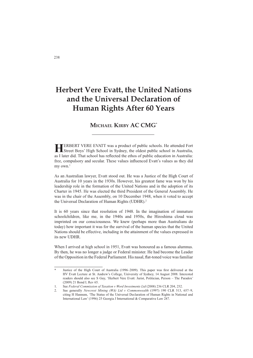 Herbert Vere Evatt, the United Nations and the Universal Declaration of Human Rights After 60 Years