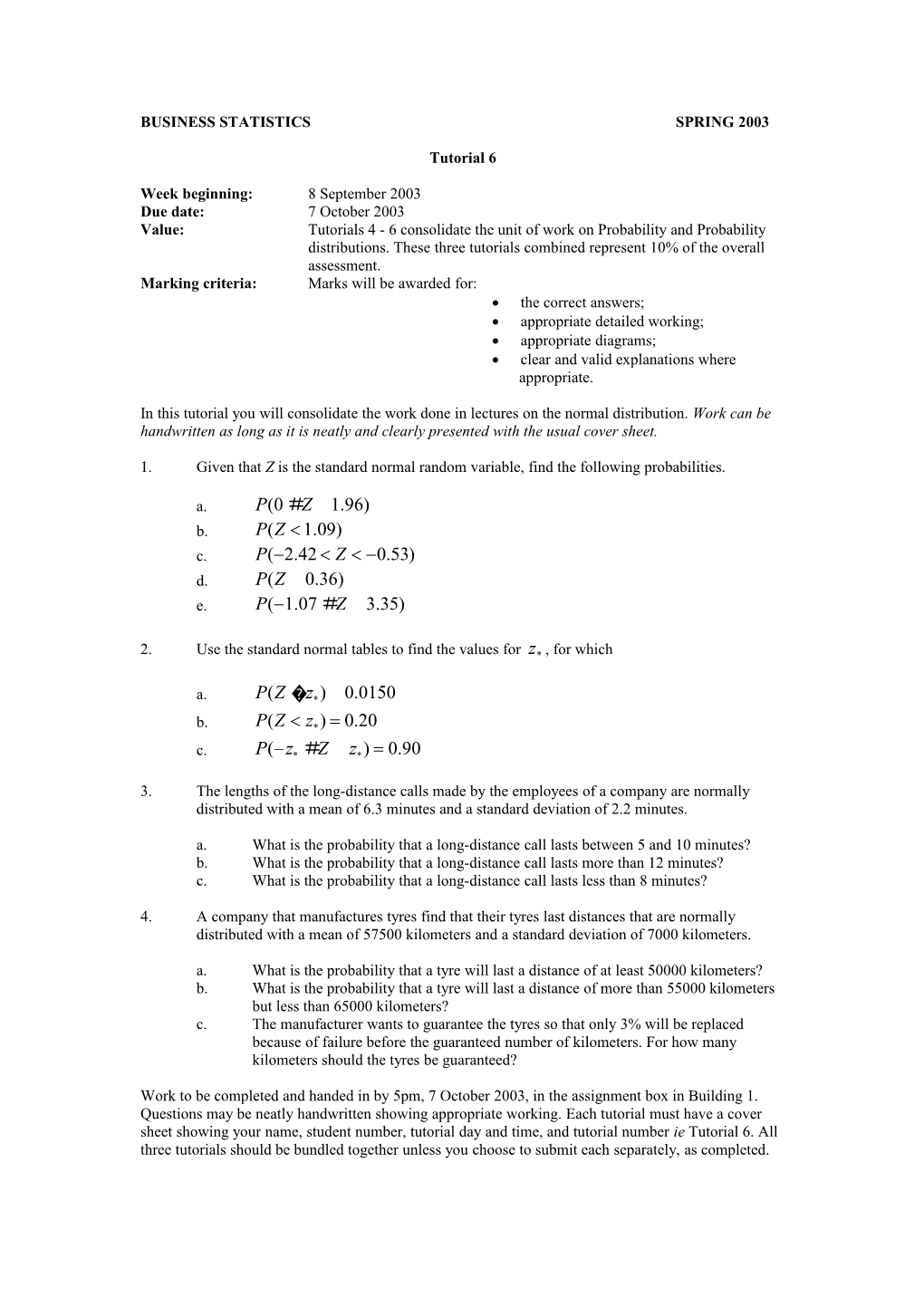 Business Statistics Spring 2003