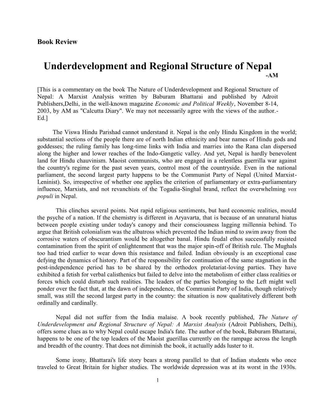 Underdevelopment and Regional Structure of Nepal -AM