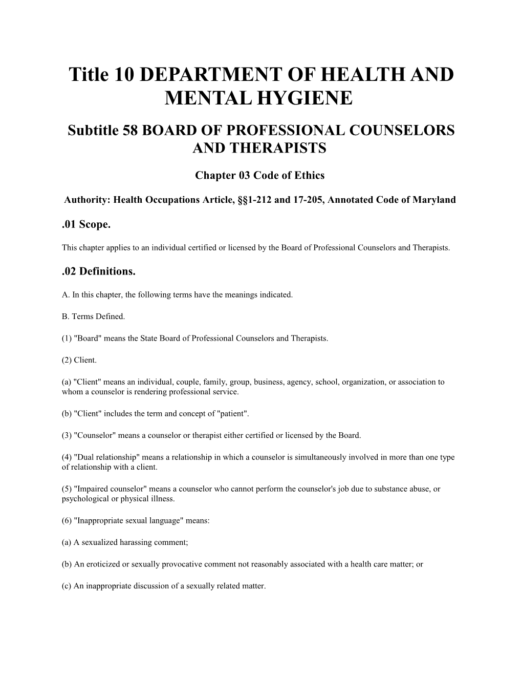 Title 10 DEPARTMENT of HEALTH and MENTAL HYGIENE