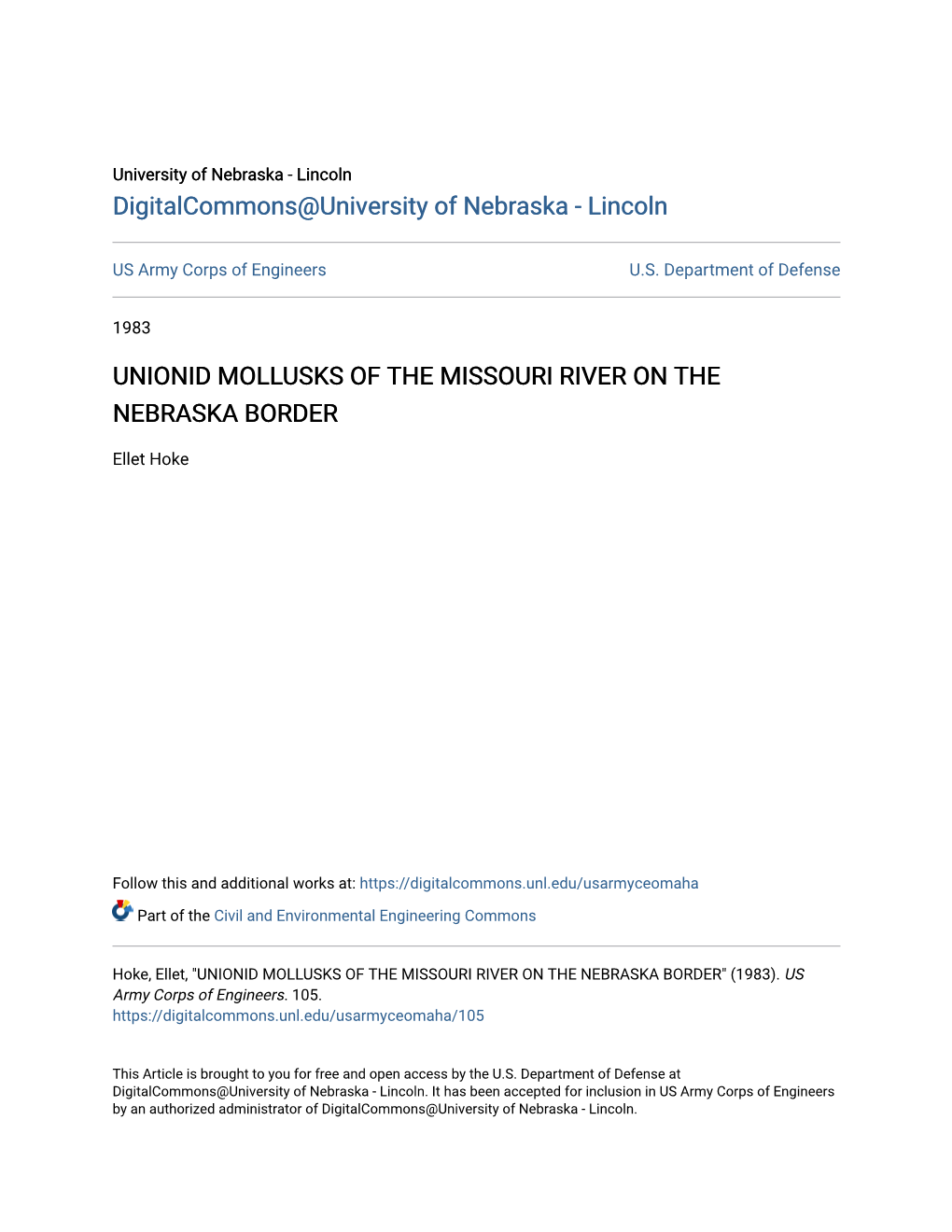 Unionid Mollusks of the Missouri River on the Nebraska Border