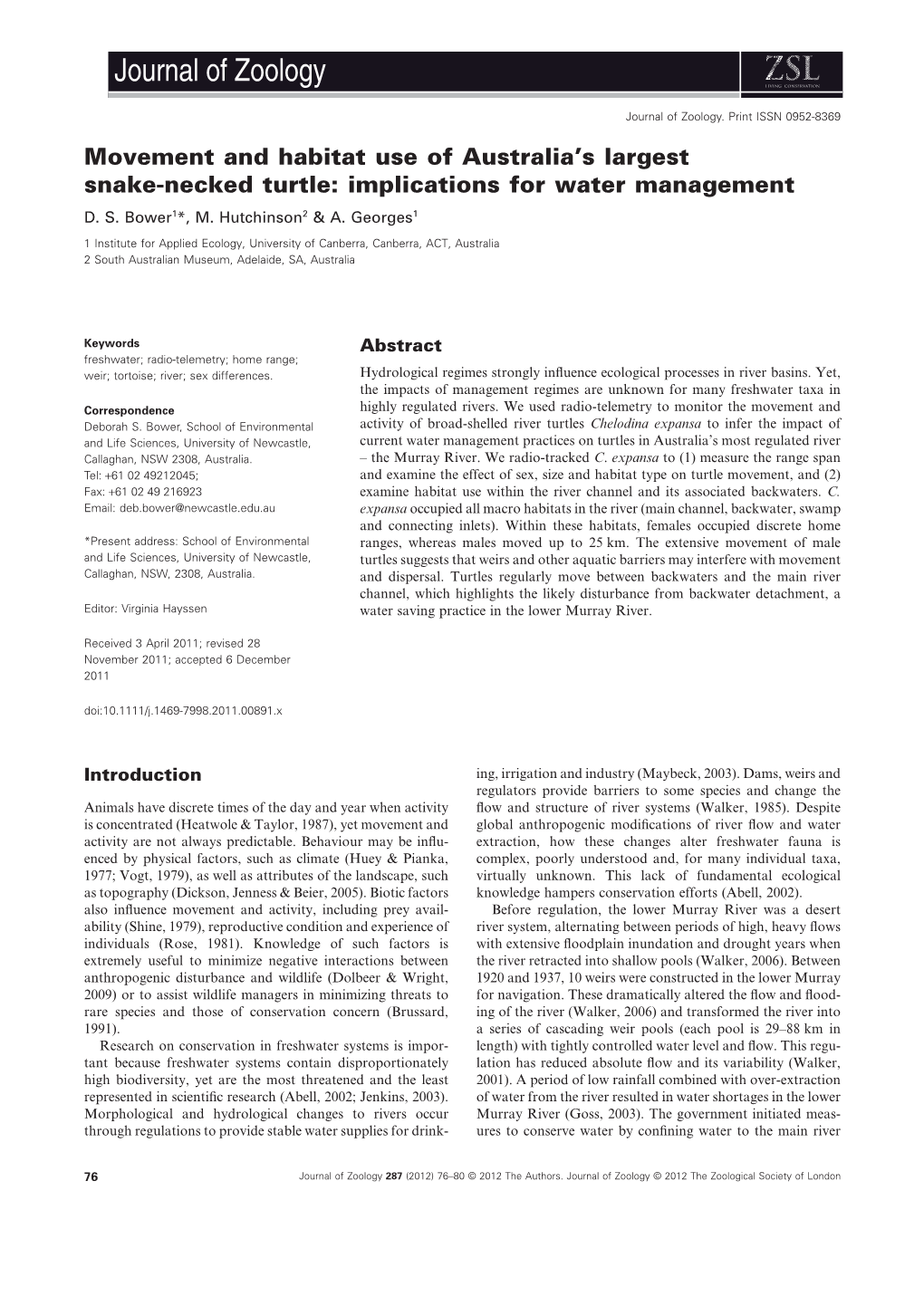 Movement and Habitat Use of Australias Largest Snakenecked Turtle