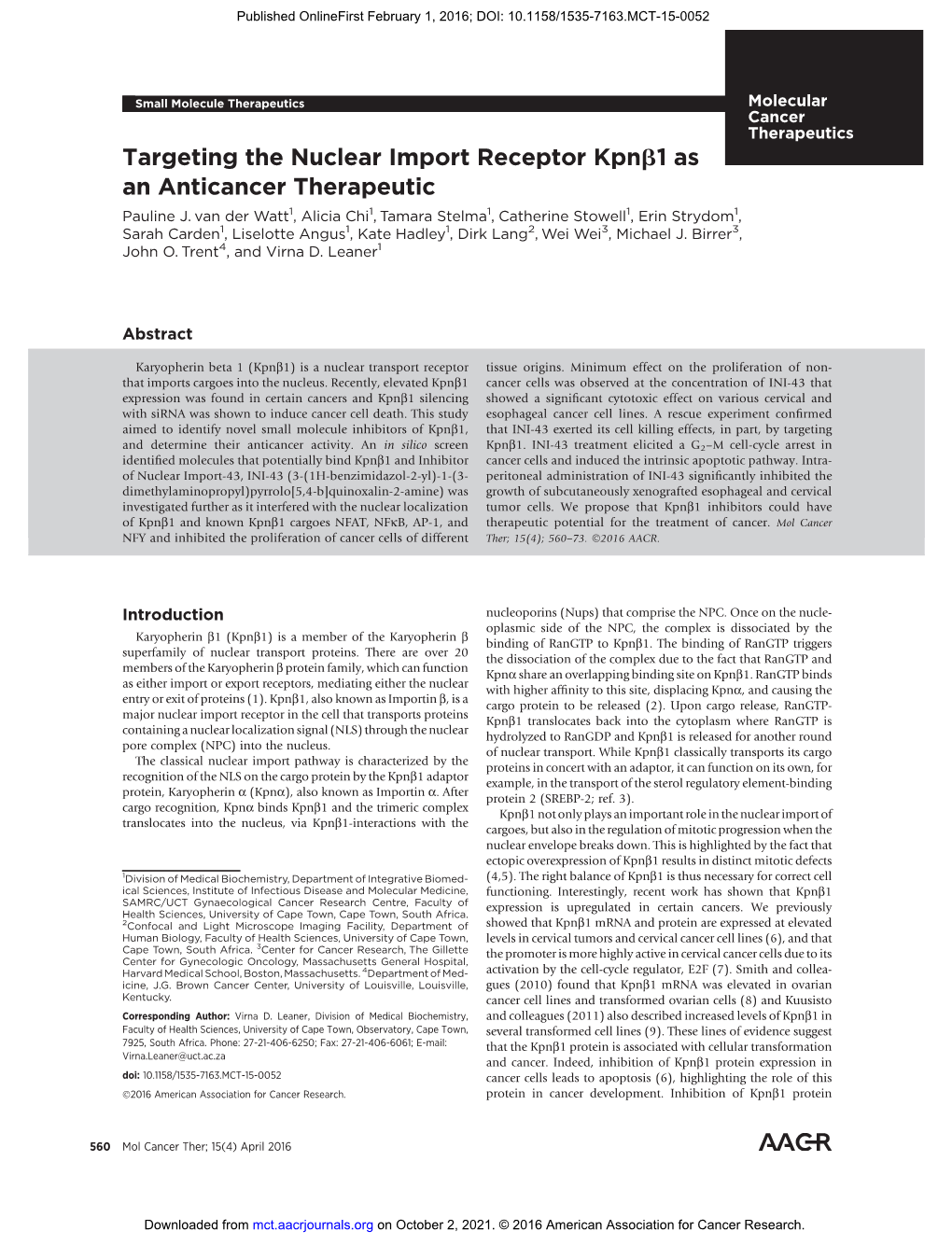 Targeting the Nuclear Import Receptor Kpnb1 As an Anticancer Therapeutic