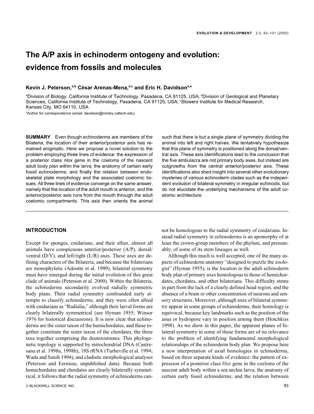 The A/P Axis in Echinoderm Ontogeny and Evolution: Evidence from Fossils and Molecules