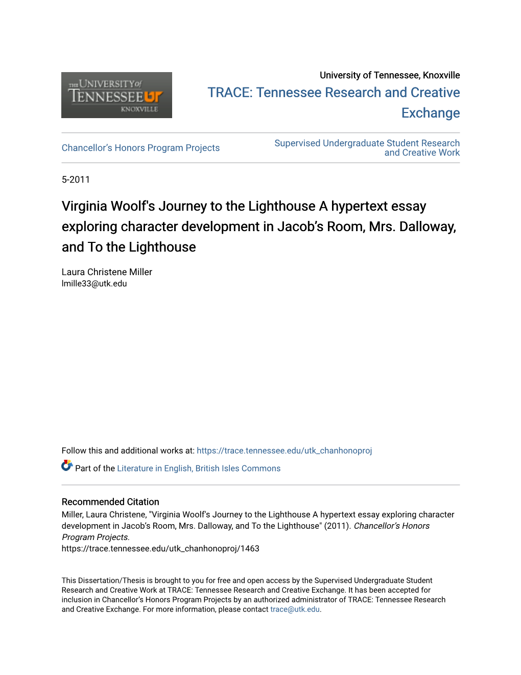 Virginia Woolf's Journey to the Lighthouse a Hypertext Essay Exploring Character Development in Jacob’S Room, Mrs