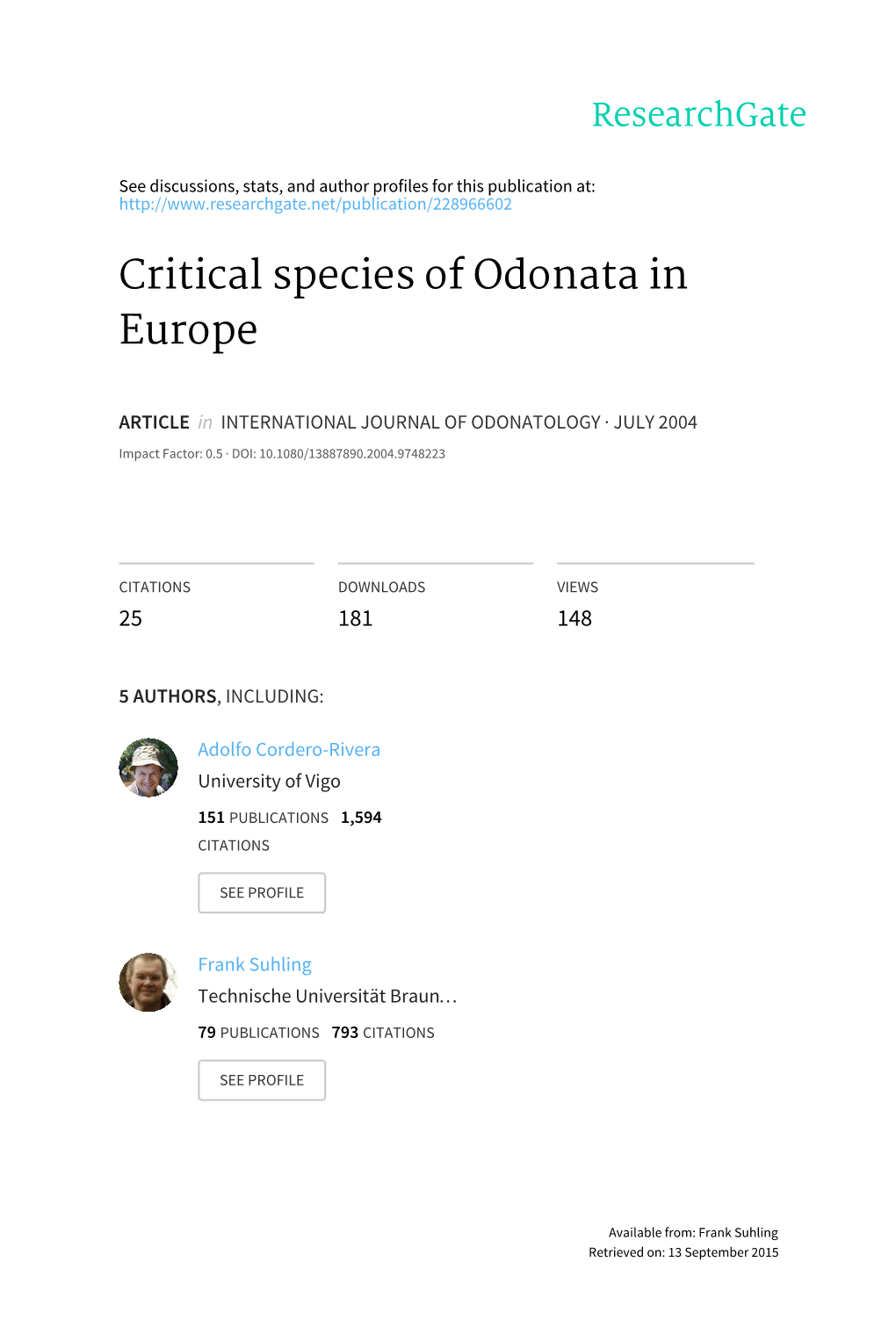 Critical Species of Odonata in Europe