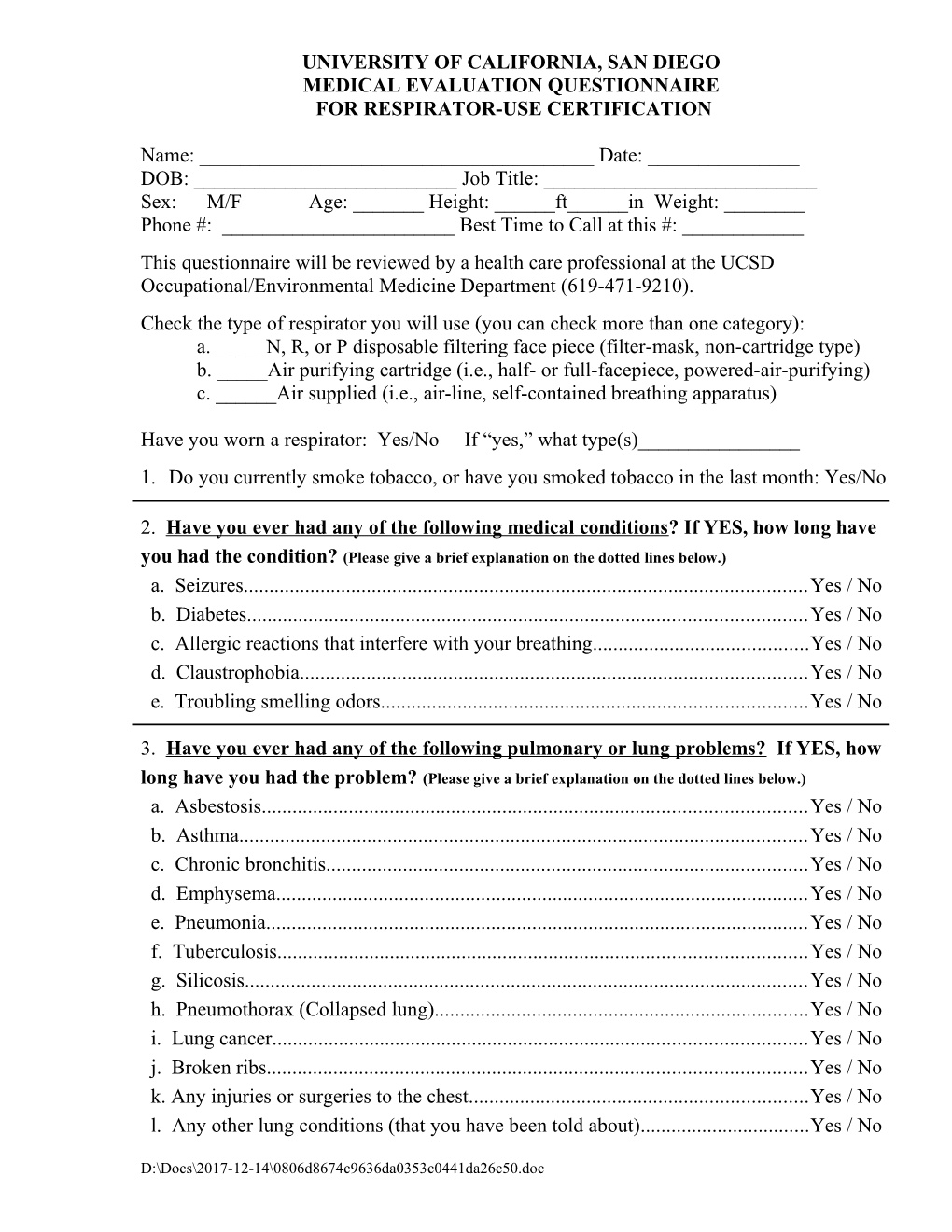 Medical Evaluation Questionnaire