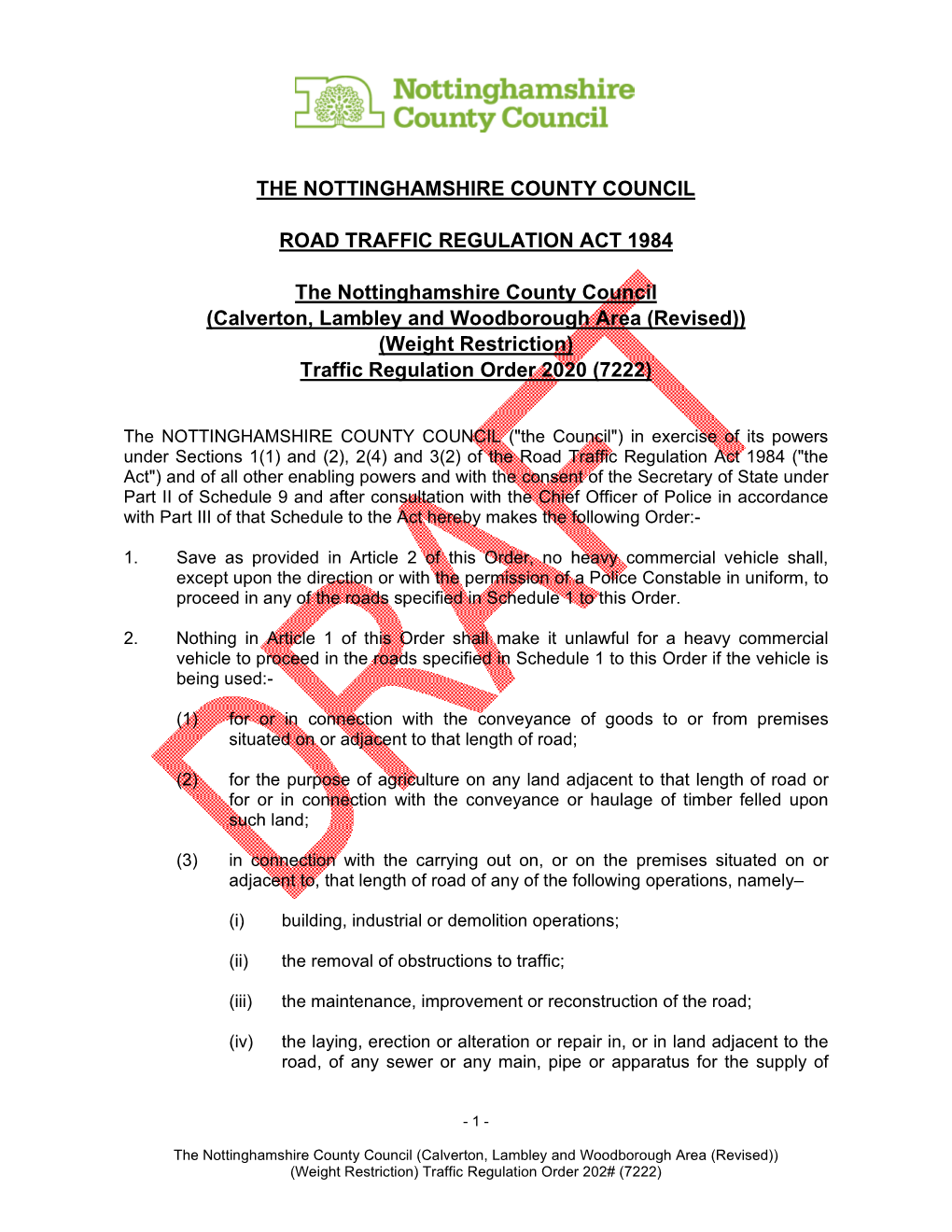 Calverton, Lambley and Woodborough Area (Revised)) (Weight Restriction) Traffic Regulation Order 2020 (7222)