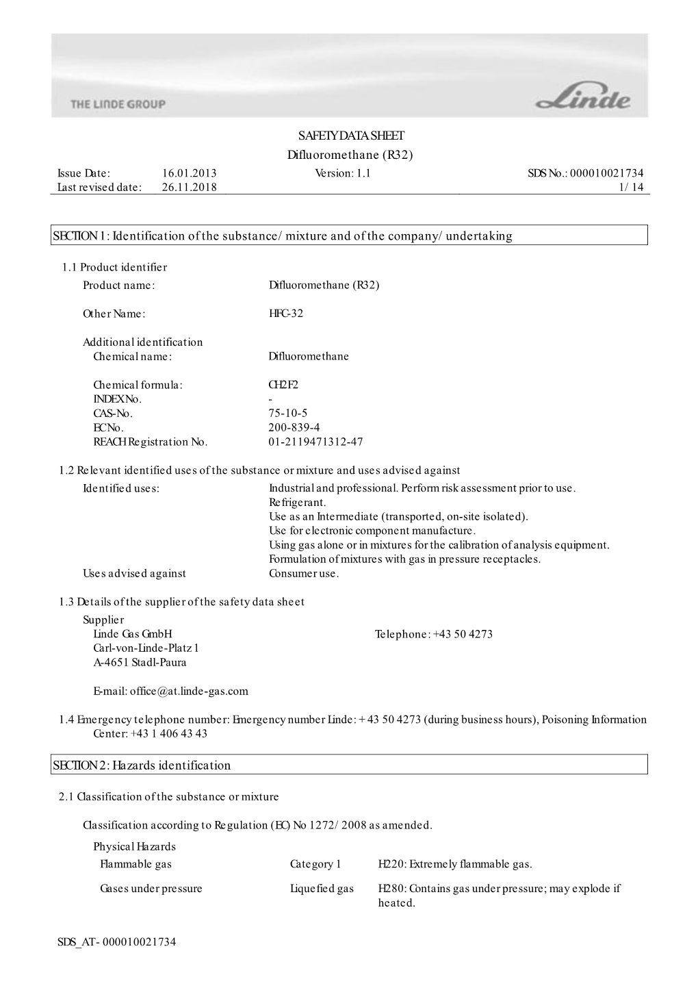 SAFETY DATA SHEET Difluoromethane (R32) SECTION 1