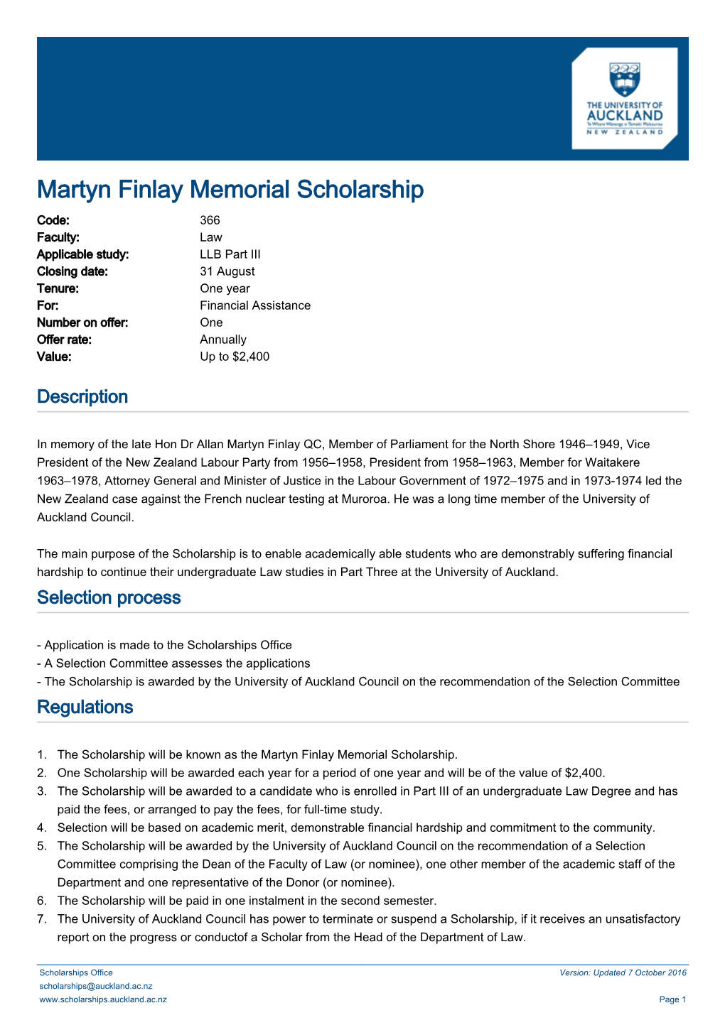 Martyn Finlay Memorial Scholarship