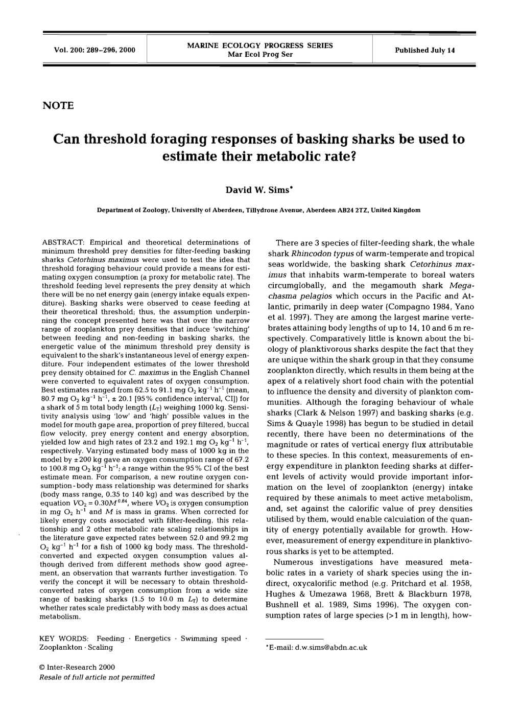 Can Threshold Foraging Responses of Basking Sharks Be Used to Estimate Their Metabolic Rate?