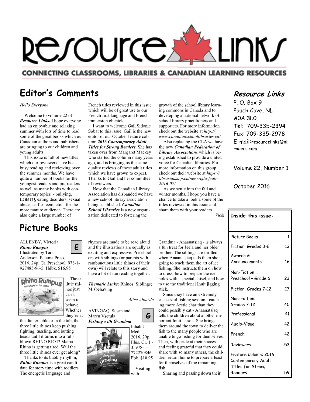 Resource Links Hello Everyone French Titles Reviewed in This Issue Growth of the School Library Learn- P