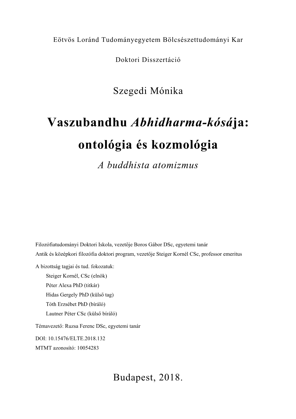 Vaszubandhu Abhidharma-Kósája: Ontológia És Kozmológia a Buddhista Atomizmus