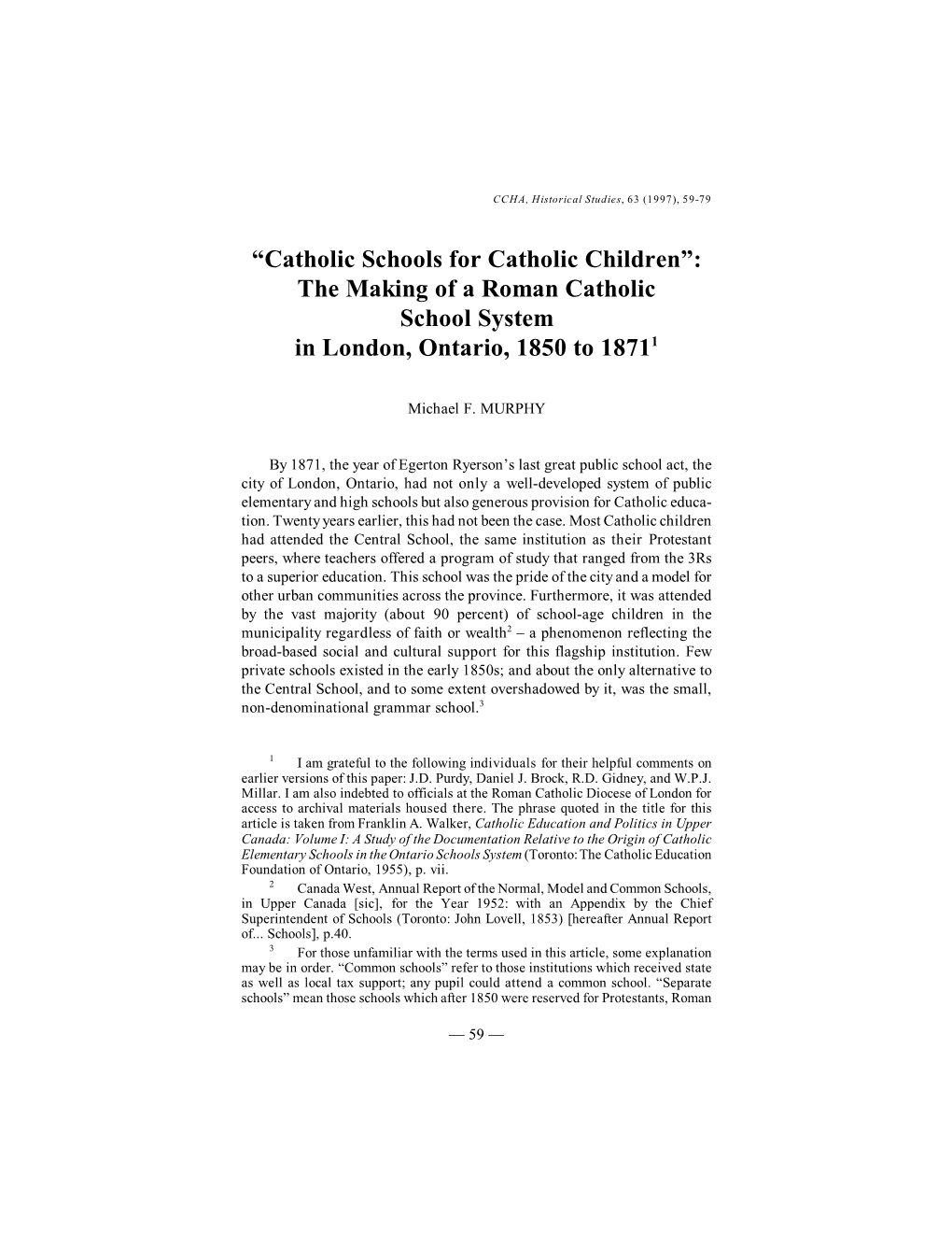 Catholic Schools for Catholic Children”: the Making of a Roman Catholic School System in London, Ontario, 1850 to 18711