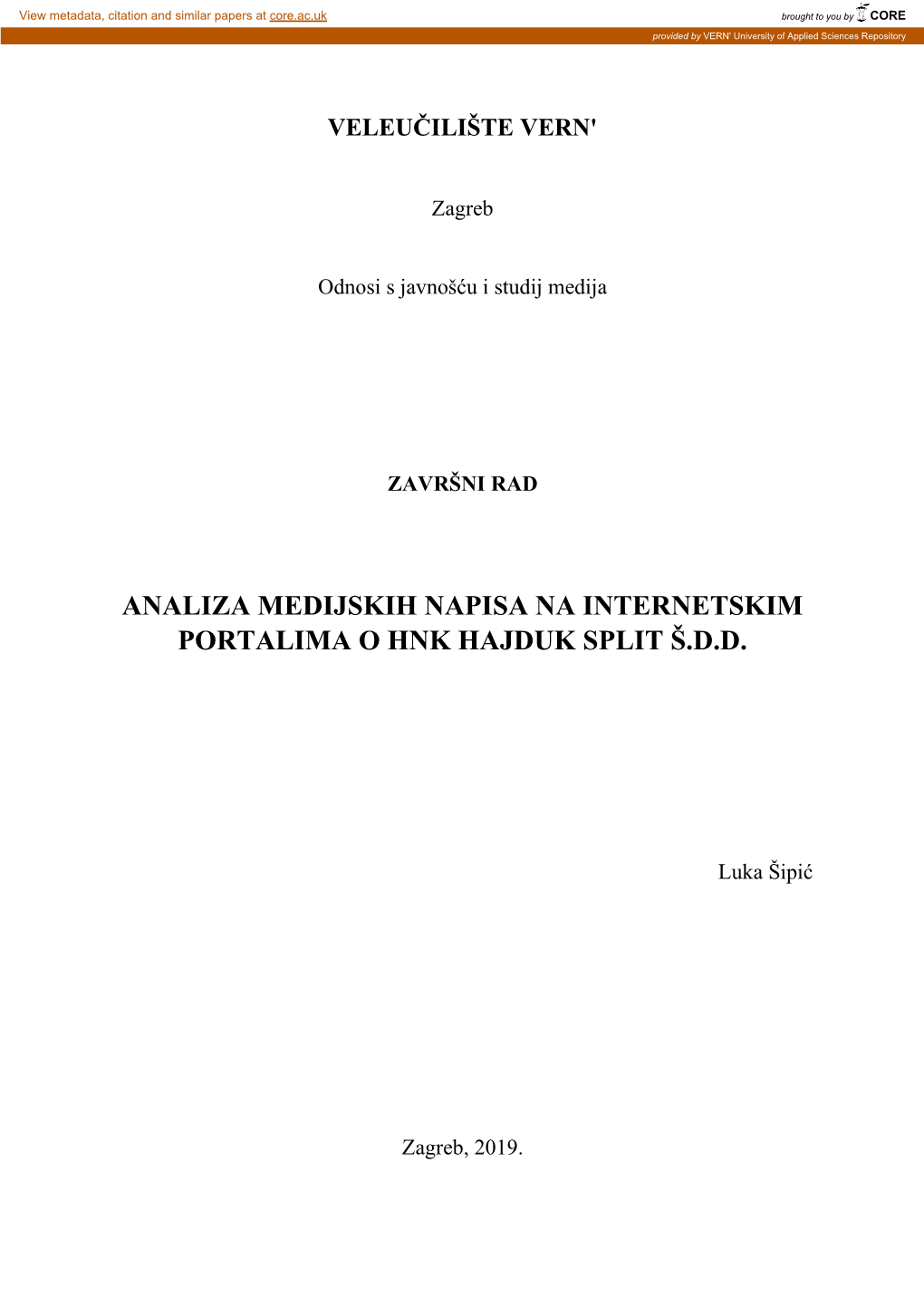 Analiza Medijskih Napisa Na Internetskim Portalima O Hnk Hajduk Split Š.D.D