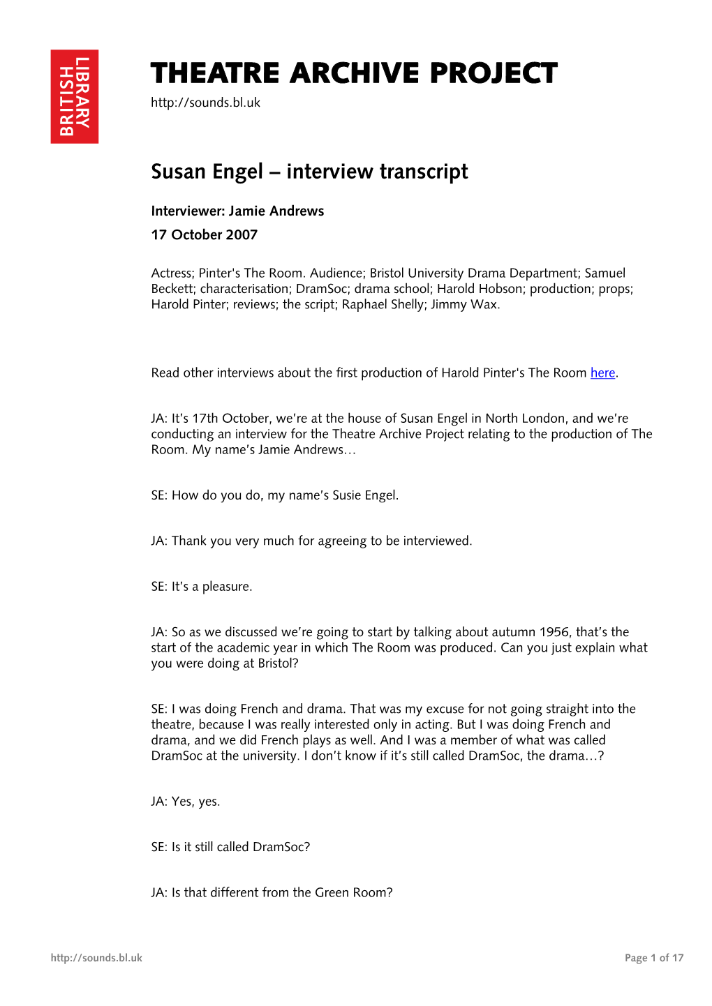 Theatre Archive Project: Interview with Susan Engel