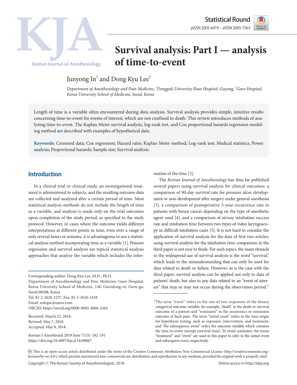 Survival Analysis: Part I — Analysis Korean Journal of Anesthesiology of Time-To-Event