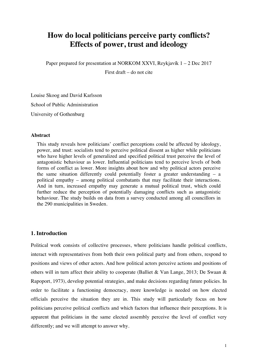 How Do Local Politicians Perceive Party Conflicts? Effects of Power, Trust and Ideology