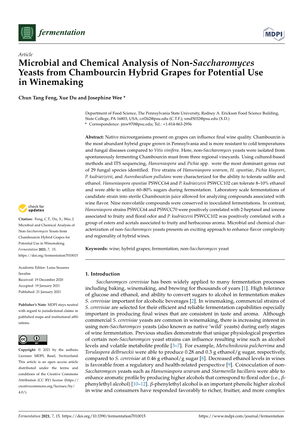 Microbial and Chemical Analysis of Non-Saccharomyces Yeasts from Chambourcin Hybrid Grapes for Potential Use in Winemaking