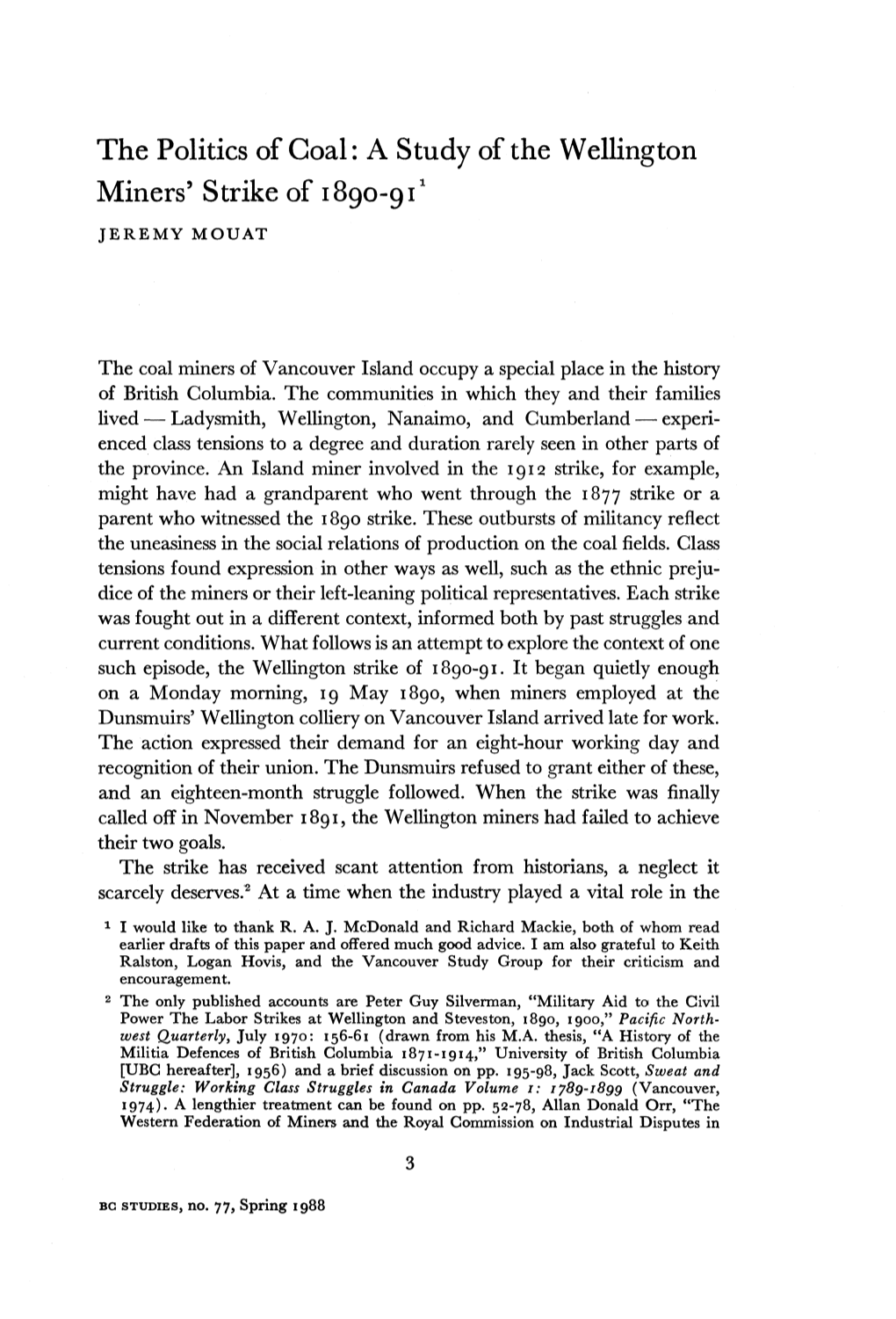 A Study of the Wellington Miners5 Strike of 1890-911 JEREMY MOUAT